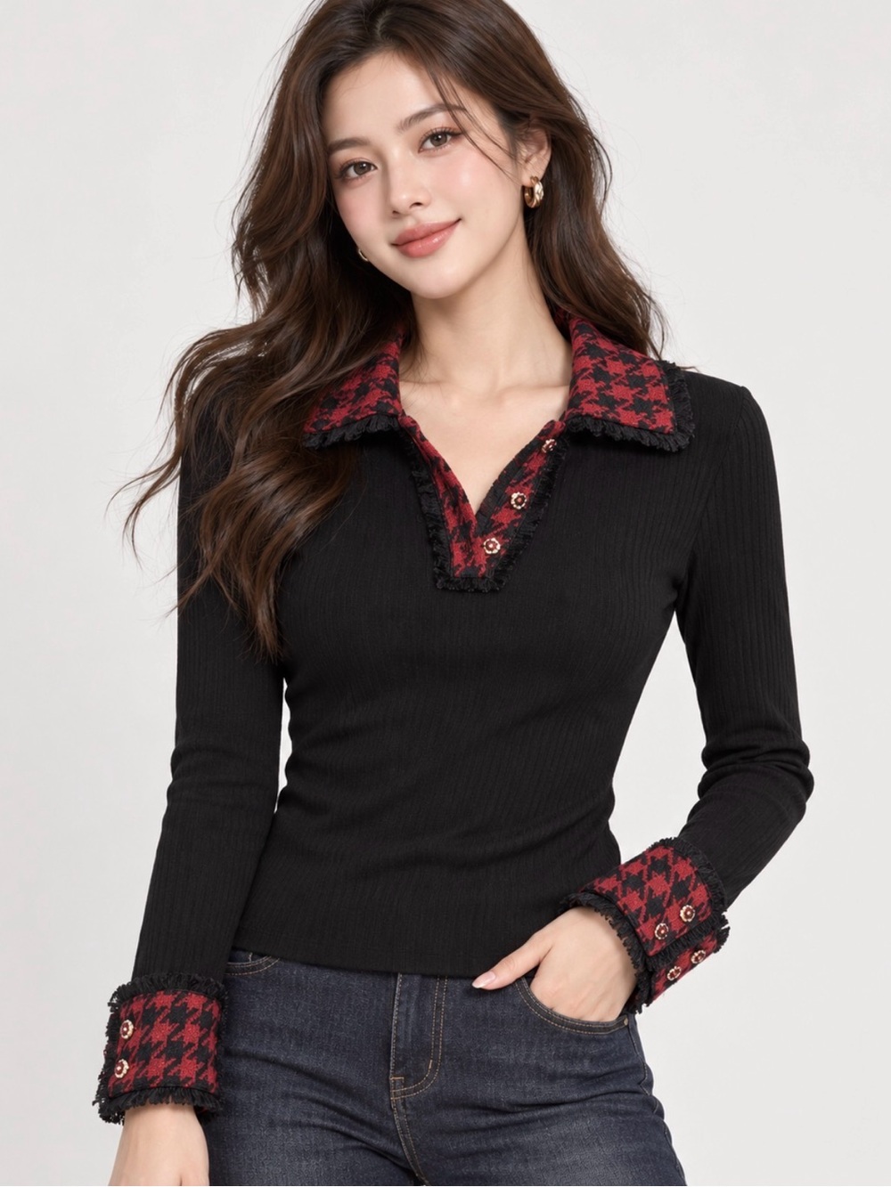 Black Button-Down Top with Red Houndstooth Trim by Commense